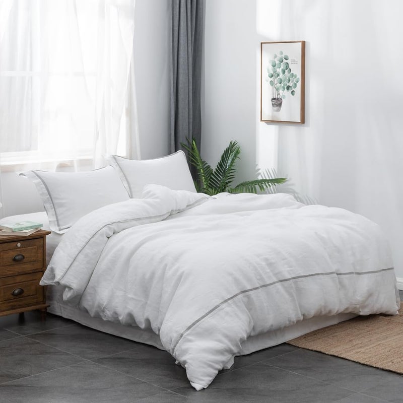 Simple&Opulence 100% Linen Duvet Cover Set Comforter Queen Size (88" x 92")-3pcs French Washed Flax Textured Soft Bedding with Striped Detail, 1 Duvet Cover and 2 Pillowcases (White) - Image 2
